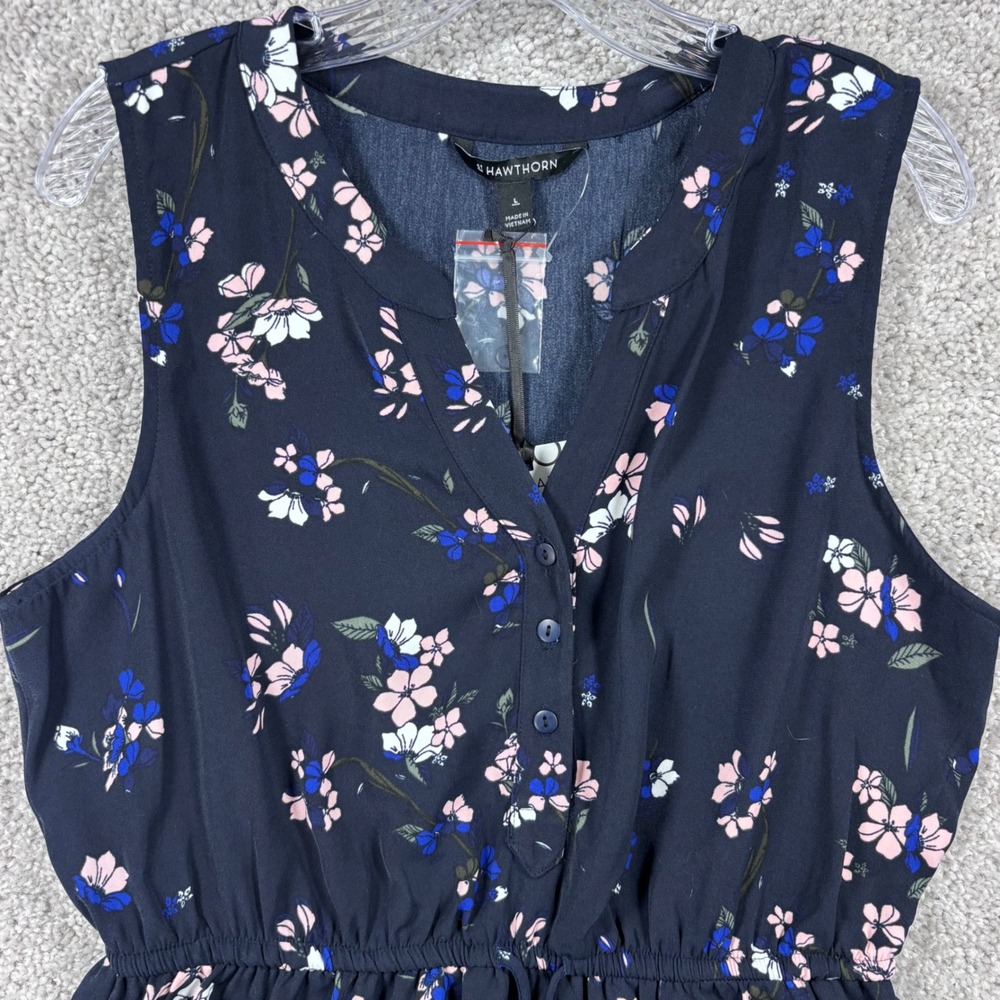 41 Hawthorn Womens Navy Blue Floral Sleeveless Dress L WGW70390 Elastic Waist - Picture 2 of 11